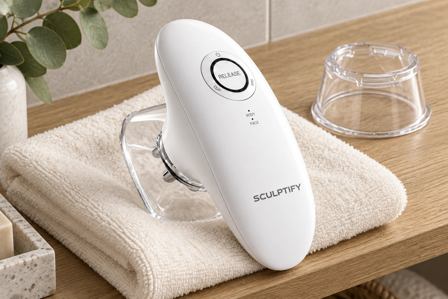 Sculptify device stored on a clean folded towel