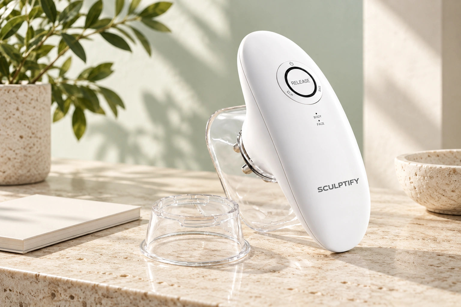 Sculptify body-care device on a sunlit travertine counter