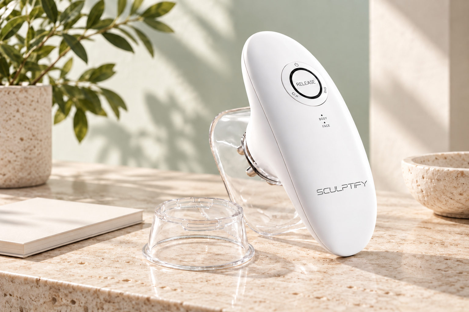 Sculptify body-care device on a sunlit travertine counter
