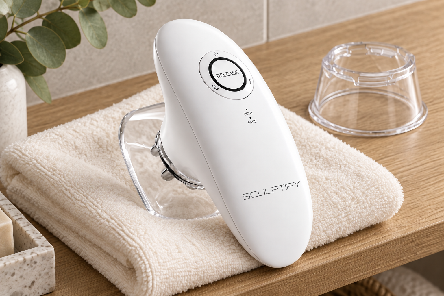 Sculptify device stored on a clean folded towel